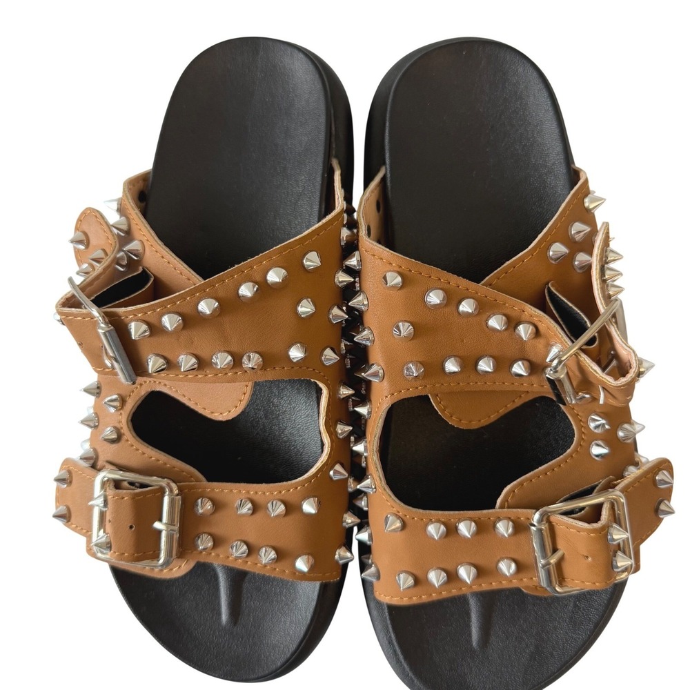 Studded Double Buckle Platform Slide Sandals Brown Silver Street Punk Sz 36 New - Picture 5 of 7